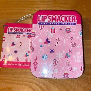 Lip Smackers 3 Lip Balms in Pink Tin, sealed new Candy Cane, Eggnog, Gingerbread